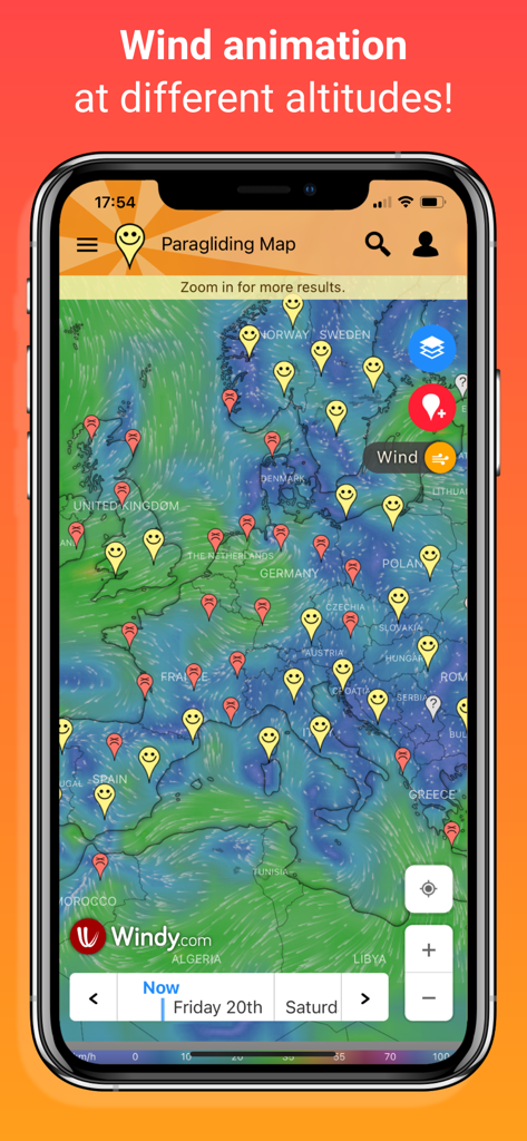 Paragliding Map app showing wind animation and weather conditions at different altitudes on a mobile interface.