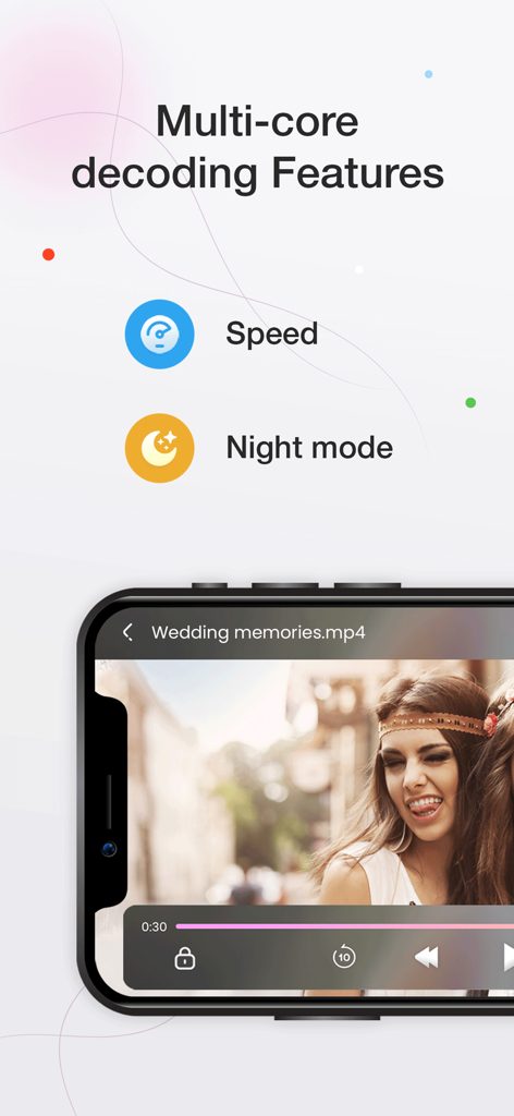 Video Player: HD & All Format - A smartphone interface displaying video player features including multi-core decoding speed and night mode