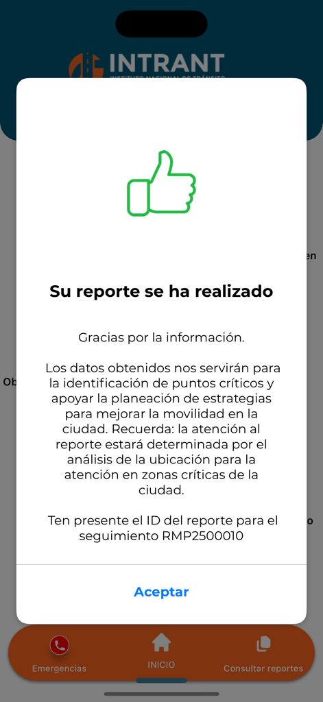 INTRANT RD - Erfolgsbildschirm in der INTRANT RD App mit einem Daumen-hoch-Symbol und einer Meldung, die die Einreichung eines Verkehrsberichts bestätigt