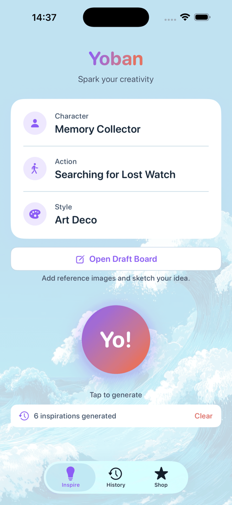 Yoban - Die Benutzeroberfläche der Yoban-App, die einen generierten kreativen Prompt mit Kategorien für Charakter, Aktion und Stil auf einem ästhetischen Hintergrund anzeigt.