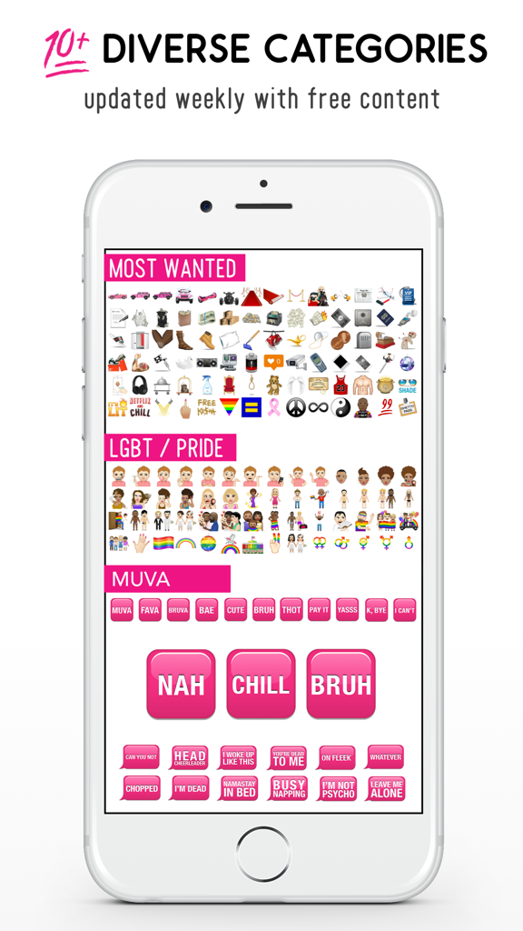 MuvaMoji by Amber Rose - MuvaMoji app interface showing diverse emoji categories including LGBT pride and text stickers.