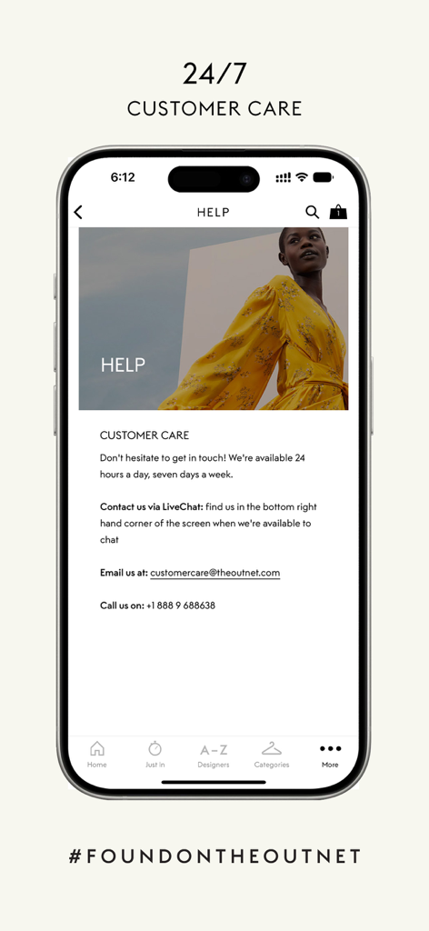 THE OUTNET: Luxury for less - The Outnet mobile app help page displaying 24/7 customer care options including live chat email and phone