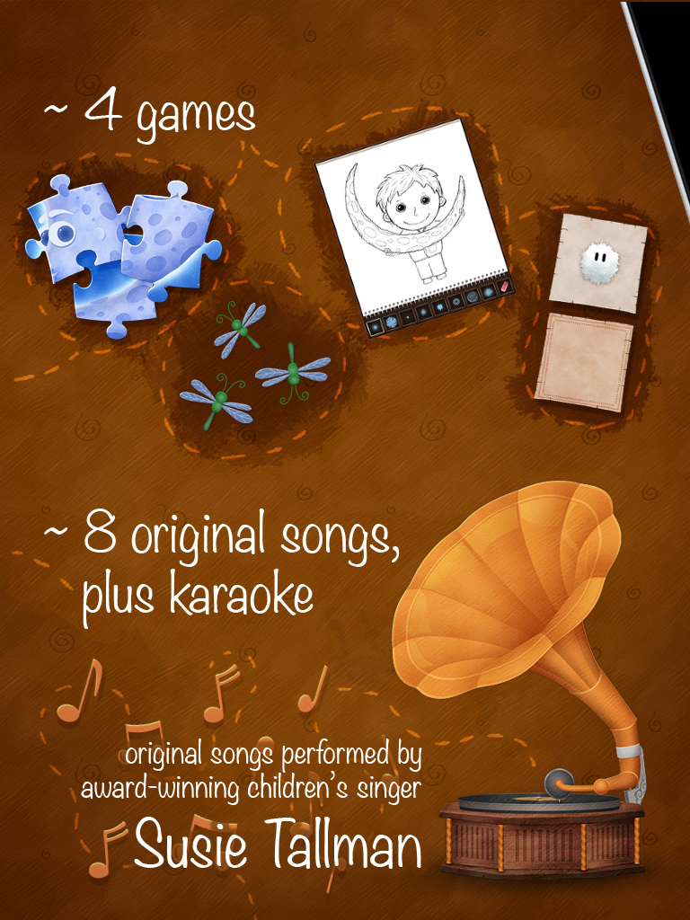 Who Stole The Moon? - Interactive e-book for children - A screenshot showcasing interactive games and music features with a vintage gramophone and children puzzle pieces