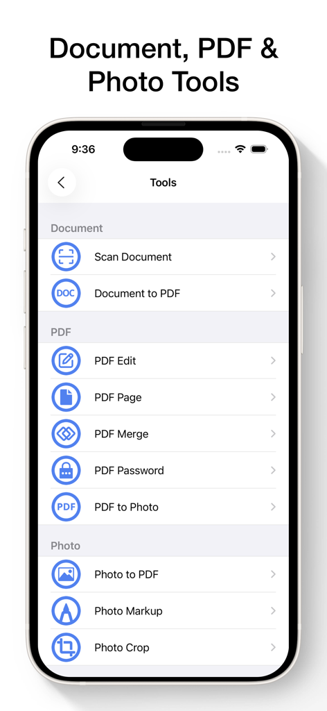 Zip and RAR File Extractor app interface showing a list of document, PDF, and photo management tools