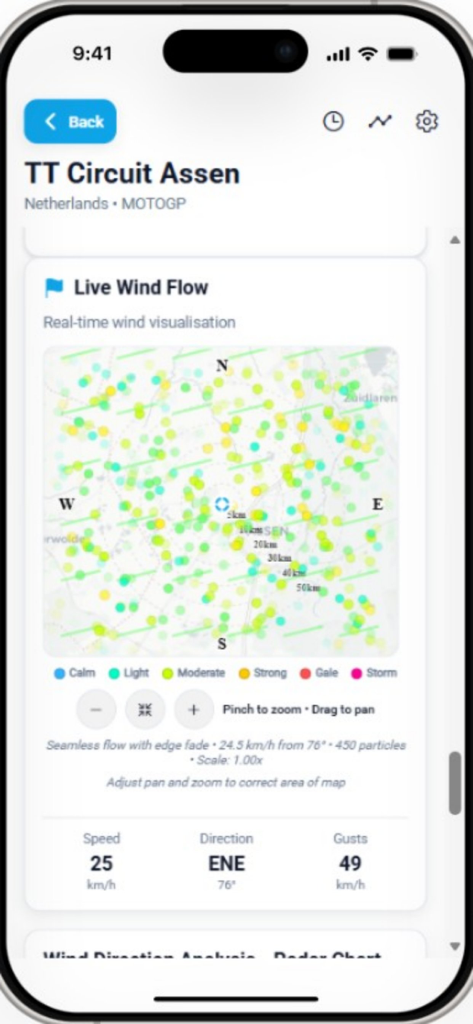 L'app GridWeather Pro visualizza la visualizzazione del flusso del vento in tempo reale e i dati sulla velocità del vento per il TT Circuit Assen.