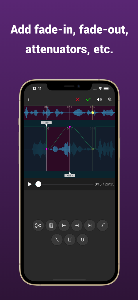 Add Music To Voice - Audio editor interface showing fade in and fade out tools for voice recordings
