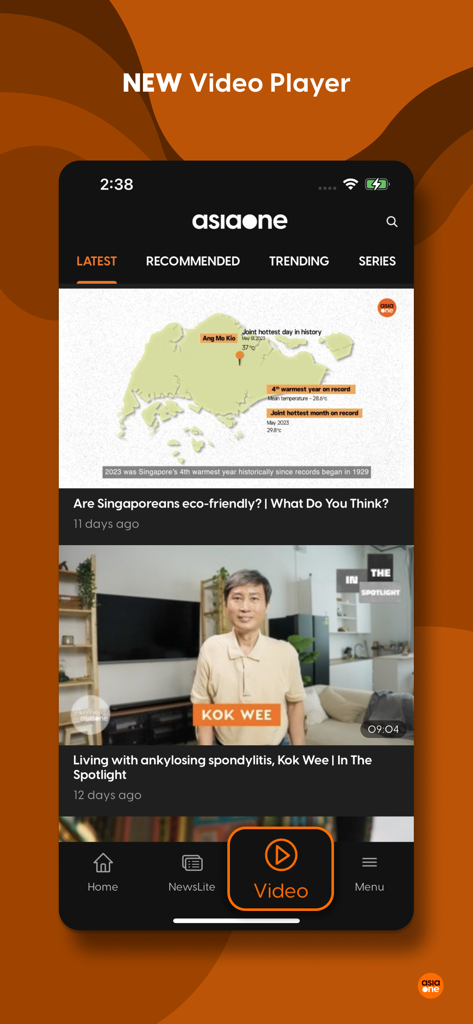 Interfaccia dell'app mobile AsiaOne che mostra la nuova sezione del lettore video con storie di tendenza e categorie di notizie.