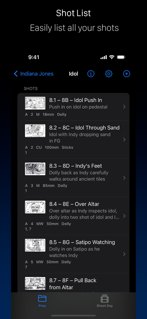 Shot Lister - Interface do aplicativo Shot Lister mostrando uma lista de planos cinematográficos detalhada com descrições de cena e especificações técnicas da câmera