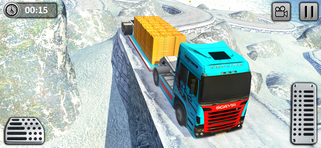 Gold Transporter Truck Drive - Un camión azul transportando barras de oro por una estrecha carretera de montaña nevada