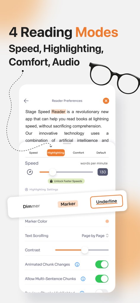 Interfaz de la aplicación Stage Reader mostrando cuatro modos de lectura y configuraciones de personalización de velocidad y resaltado