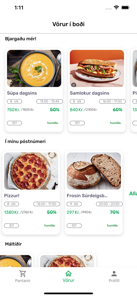 Humble - Interfaz de la aplicación móvil Humble mostrando artículos de comida con descuento, incluyendo sopa, sándwiches y pizza
