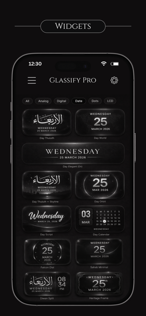 Glassify Pro Widgets and Theme - Seleção de widgets elegantes de vidro escuro para data e hora para personalização de iOS