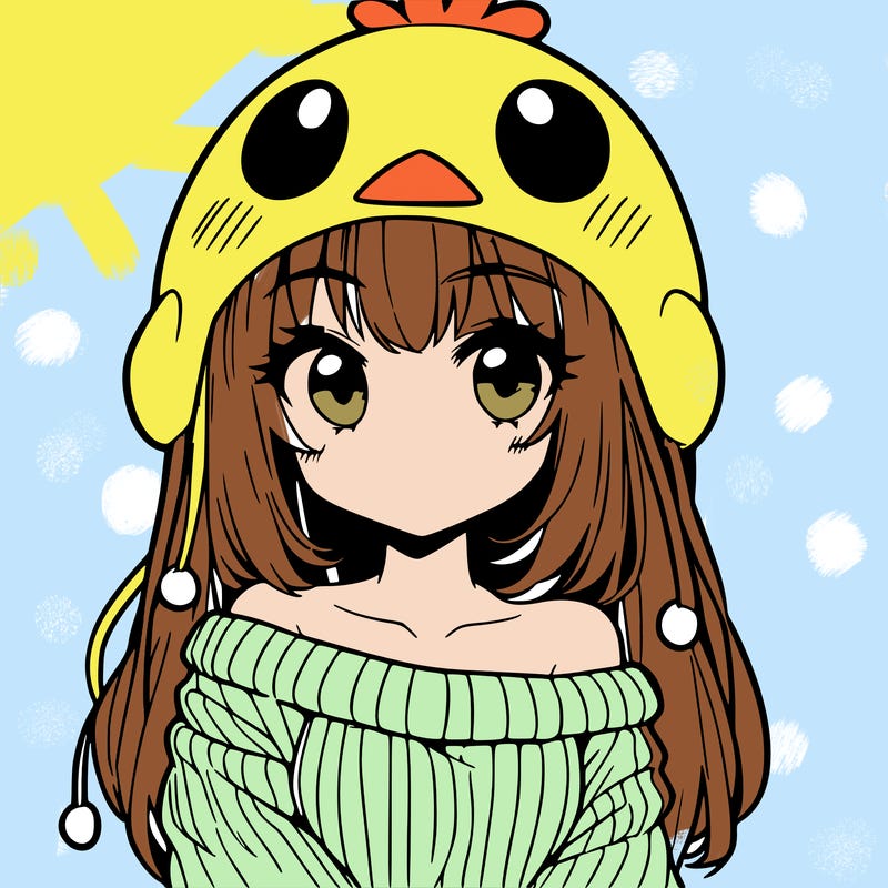anime girl with chick shaped hat with sweater with bare shoulders with bangs covering them one eye with low tail