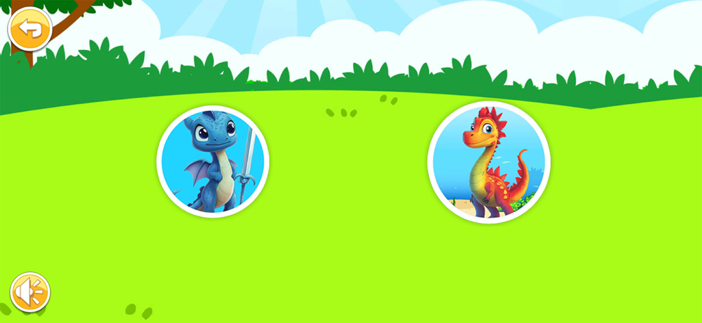 Menu screen of a dinosaur puzzle game for kids with two cartoon dinosaurs in circular icons