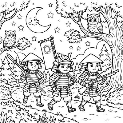 Join our brave Ashigaru soldiers on an exciting night march through a charming forest. This delightful coloring page, perfect for kids, features a friendly moon, twinkling stars, and playful owls observing their journey.