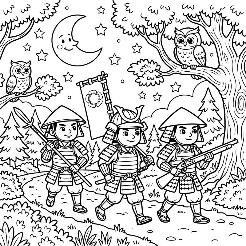 Join our brave Ashigaru soldiers on an exciting night march through a charming forest. This delightful coloring page, perfect for kids, features a friendly moon, twinkling stars, and playful owls observing their journey.