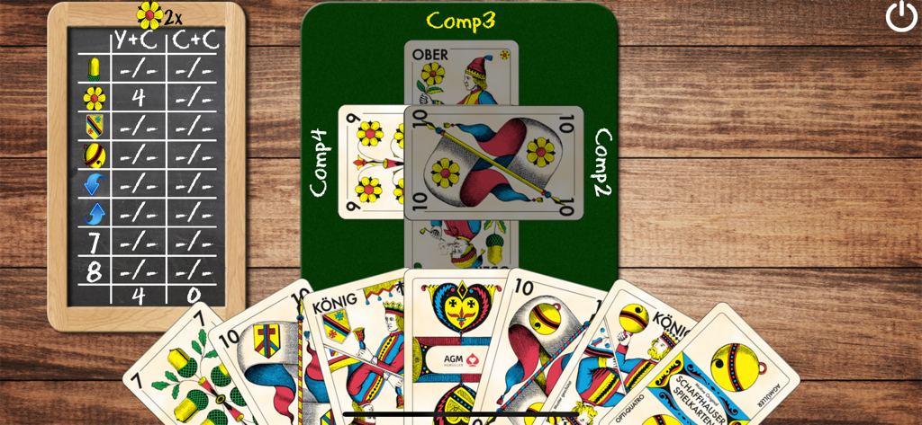 Interfaz del juego de cartas digital Jass con cartas suizo-alemanas tradicionales y un marcador de pizarra sobre un fondo de mesa de madera