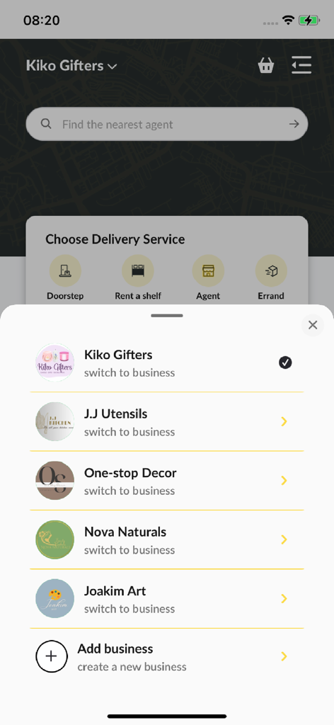 Pickup Mtaani - Pantalla móvil que muestra múltiples perfiles de negocio en la aplicación Pickup Mtaani, incluyendo opciones para cambiar y agregar negocios