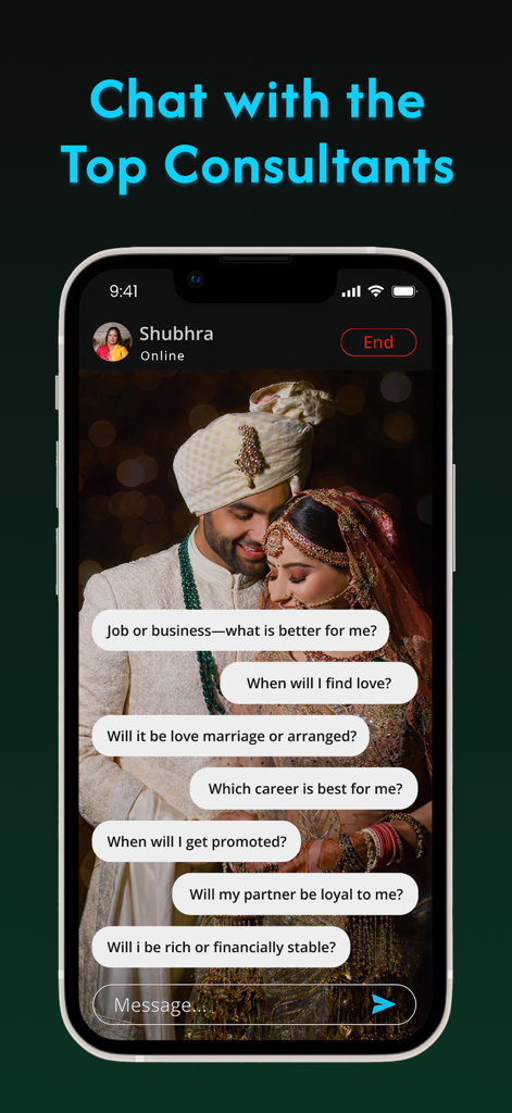Flute - Love & Life Companion - Un'interfaccia mobile dall'app Flute che mostra una chat dal vivo con un consulente esperto su domande di vita e relazioni.