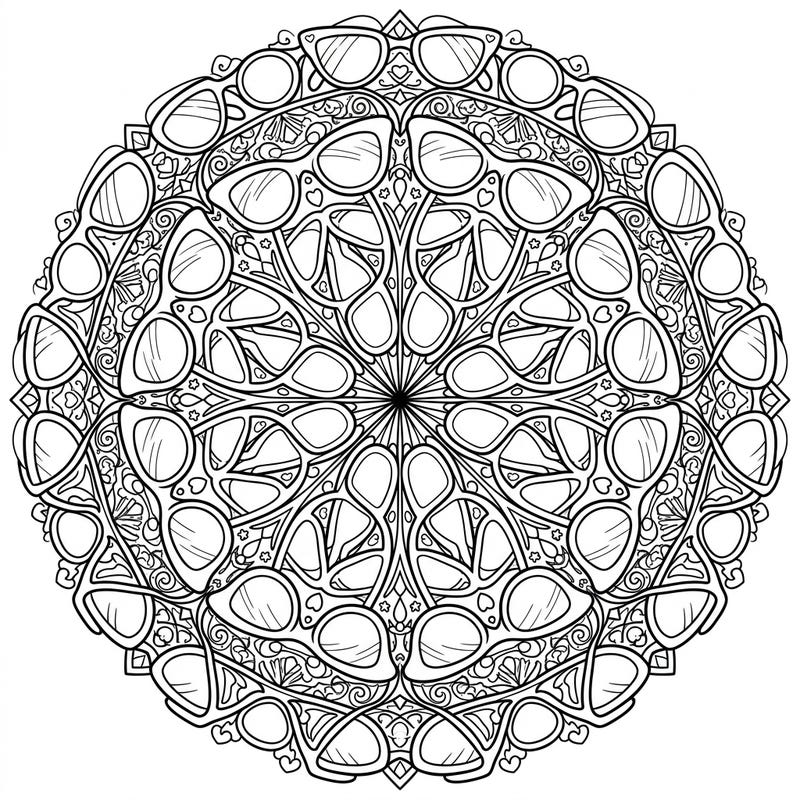 Dive into a world of style with this unique women's eyewear mandala coloring page. Featuring an array of fashionable glasses and sunglasses, it offers a creative escape for all fashion enthusiasts.
