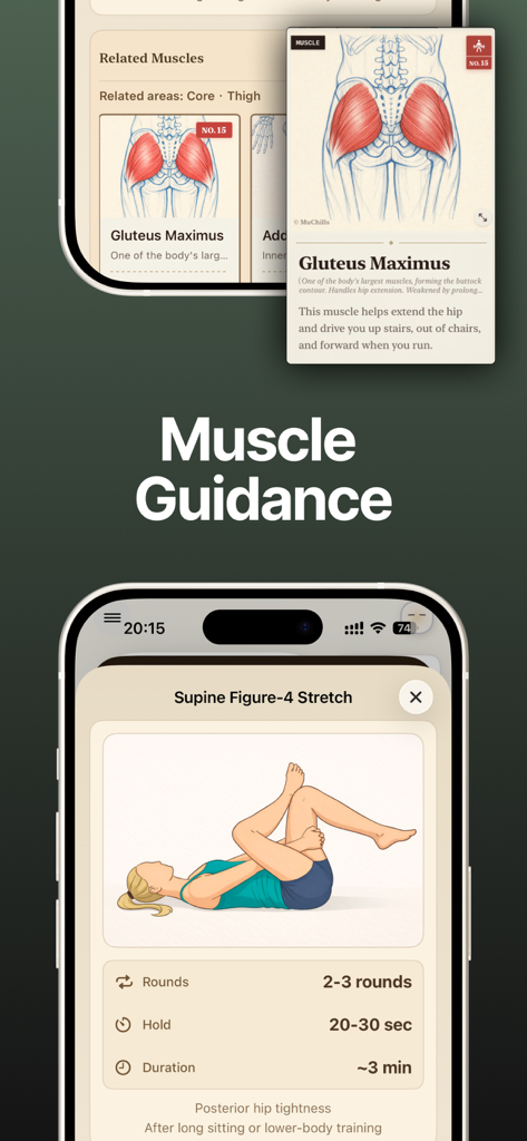 MuChills: Daily Stretch Log - Tarjetas de músculos educativas e instrucciones de estiramiento de la figura 4 en decúbito supino en la aplicación MuChills