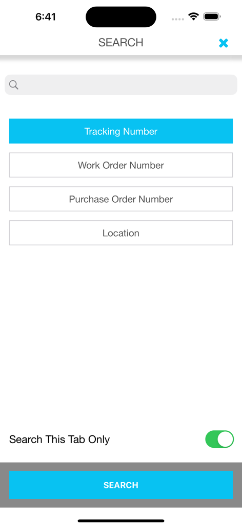 The search interface of the ServiceChannel Provider app displaying options to search by tracking number, work order number, purchase order number, and location.