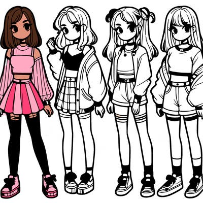 one girl with crop-top shirt and a jacket with a skirt, long socks and another girl with a shirt and pants with a jacket