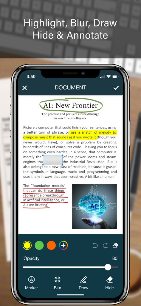 PRO SCANNER- PDF Document Scan - iPhone mostrando a interface do aplicativo PRO SCANNER com ferramentas de anotação de documentos, como destacar, desfocar e desenhar, usadas em um documento PDF.