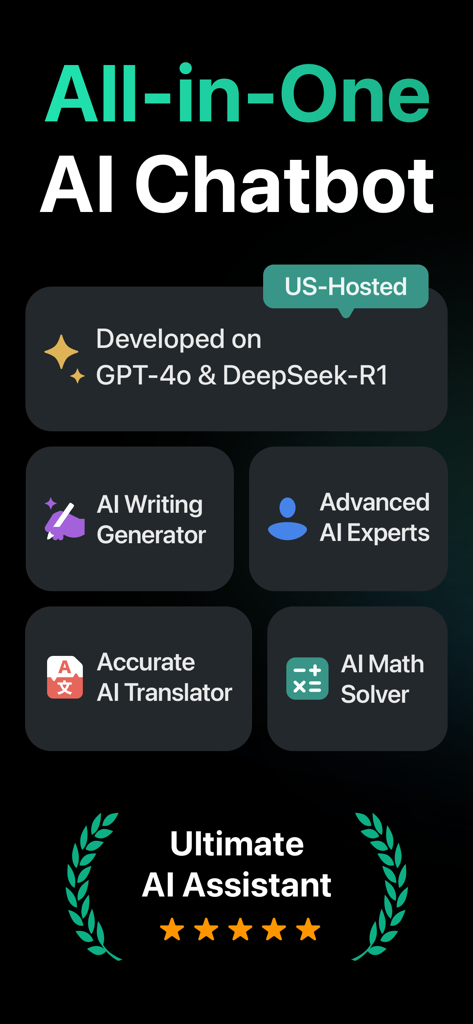 AI Expert - Chatbot Assistant - AI Expert app interface showing a dashboard with AI writing, translation, and math solving features
