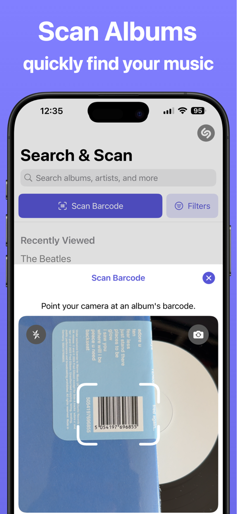 VinylBox 앱 인터페이스: 레코드 슬리브 바코드 스캔 중