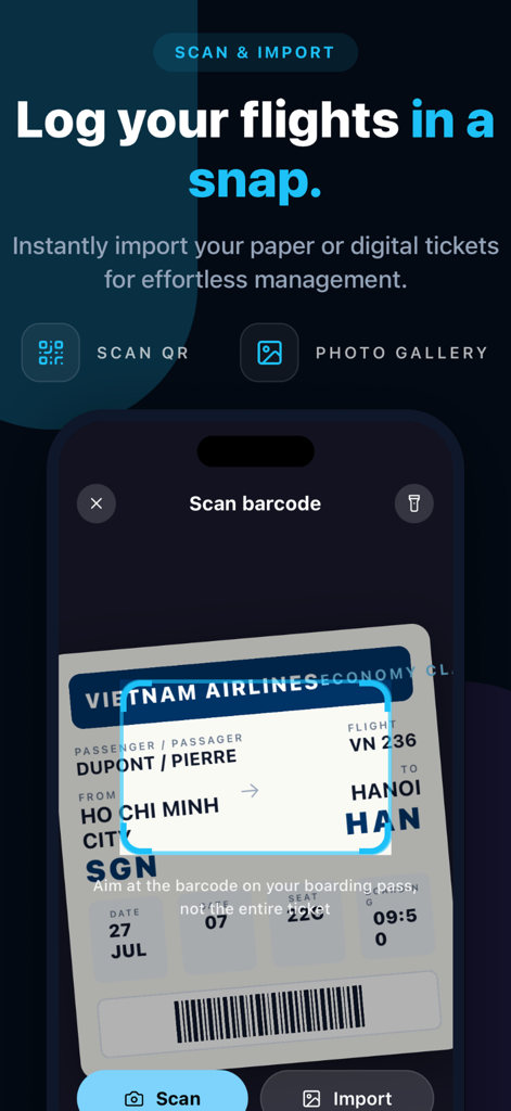 FlightLog – Flight Logbook - Bordkartenscanner-Oberfläche zum Protokollieren von Flügen in der FlightLog-App