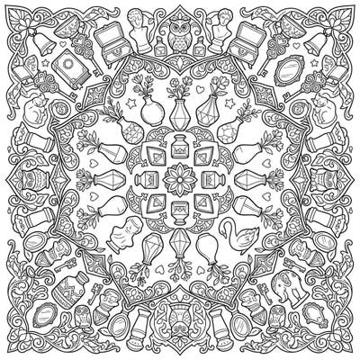 Dive into a beautifully symmetrical mandala filled with an array of charming decorative accents. This intricate design offers a calming and rewarding coloring experience for all ages.