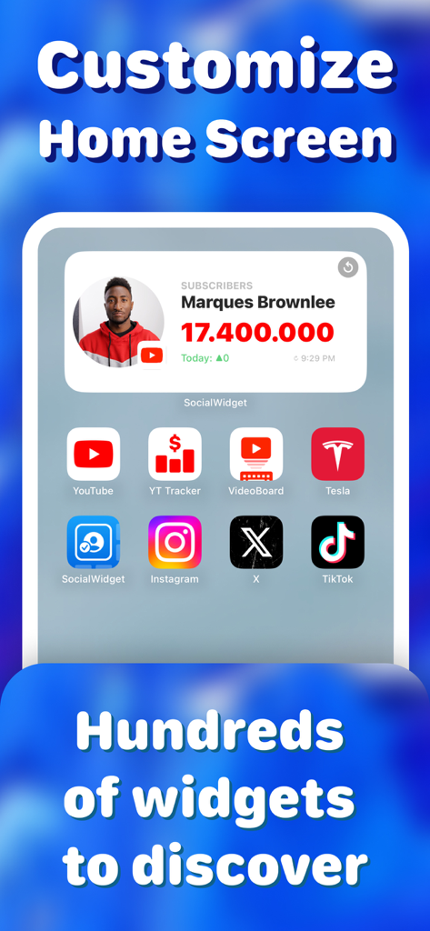 Followers Insight Widget - Pantalla de inicio de iPhone que muestra un widget de recuento de suscriptores de YouTube