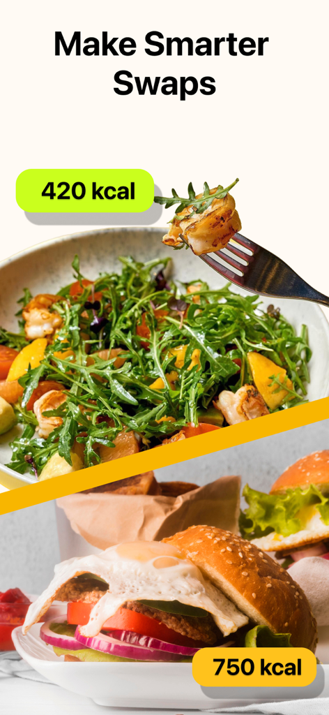 Numi: AI Calorie Counter - A visual comparison between a 420 calorie salad and a 750 calorie burger for making healthier food choices.