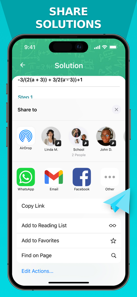 Math Solver app interface showing how to share homework solutions on an iPhone