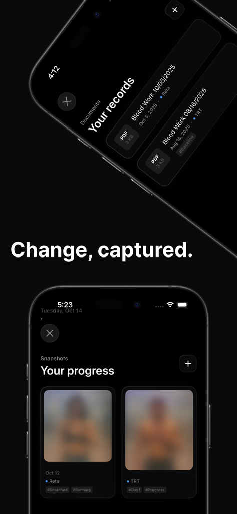 Dose: Peptide Tracker - Interface of the Dose app showing a list of stored blood work documents and a side-by-side visual progress timeline of a body transformation.