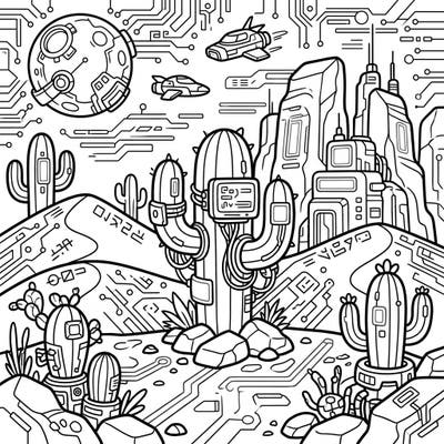 Step into a world where adorable desert flora meets high-tech futurism with this unique Kawaii Cyberpunk Desert coloring page. Discover plump cacti wired with screens and circuit patterns that transform arid landscapes into a vibrant, imaginative escape.