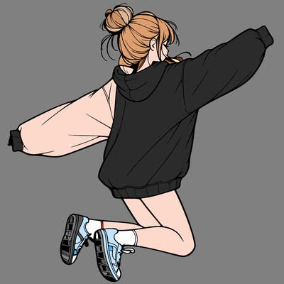 realistic girl jumping with a bun and oversized sweatshirt