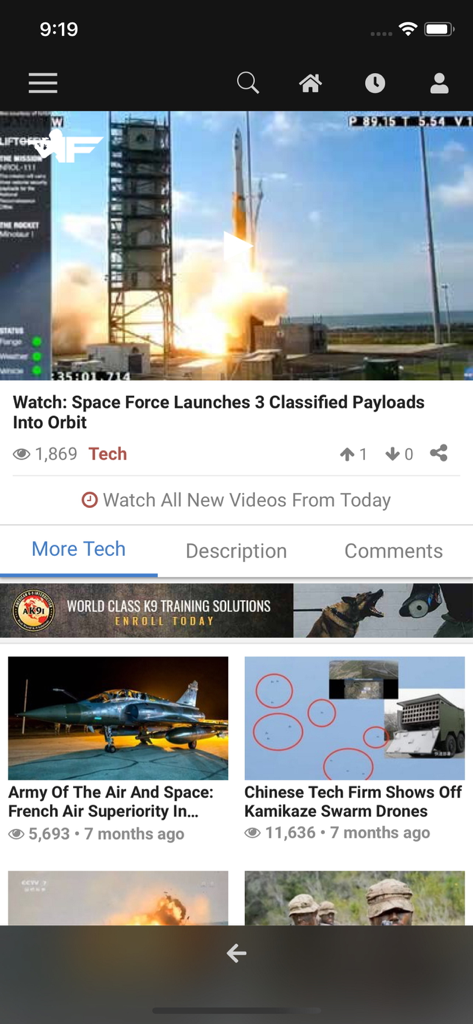 Funker530 - 군사 기술 뉴스 영상과 로켓 발사 영상이 표시되는 Funker530 앱 화면