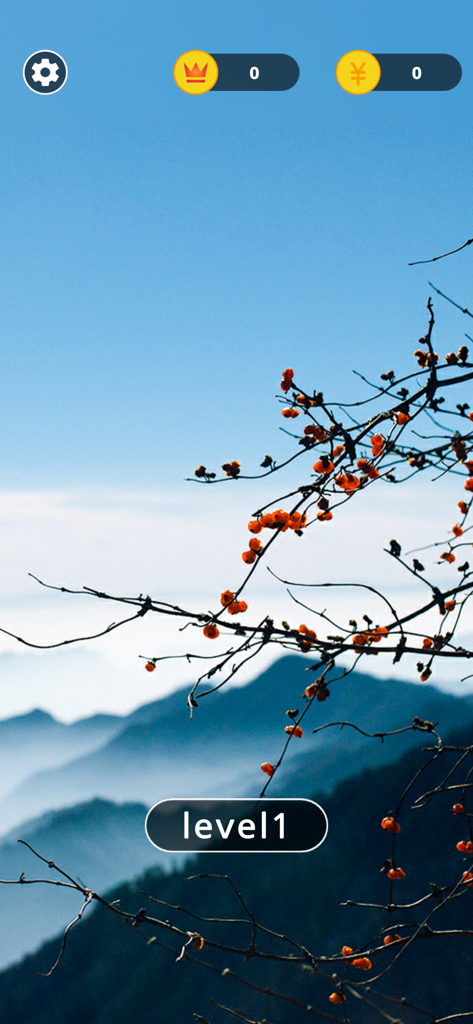 Pinyin Connect - Chinese - Start screen of the Pinyin Connect Chinese learning app with a scenic mountain background and Level 1 button.