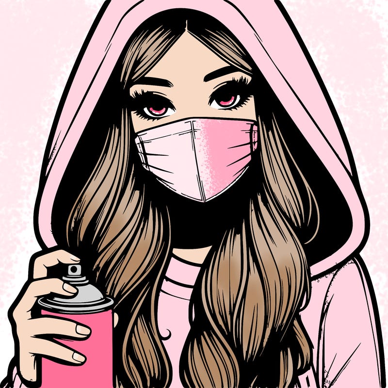 girl wearing a mask with long hair with her hood up spray-painting realistic