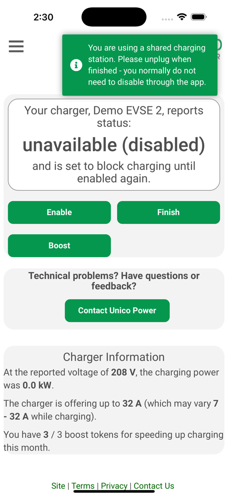 Unico Power - Unico Power app interface showing a disabled EV charger status and technical information