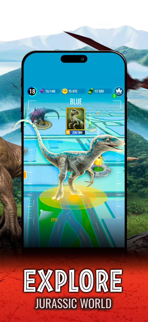 Captura de pantalla de Jurassic World Alive que muestra al dinosaurio Blue en un mapa GPS basado en la ubicación
