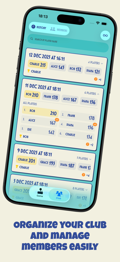 Flip7 Score - Interface showing game history with player scores and club management features in the Flip7 Score app.