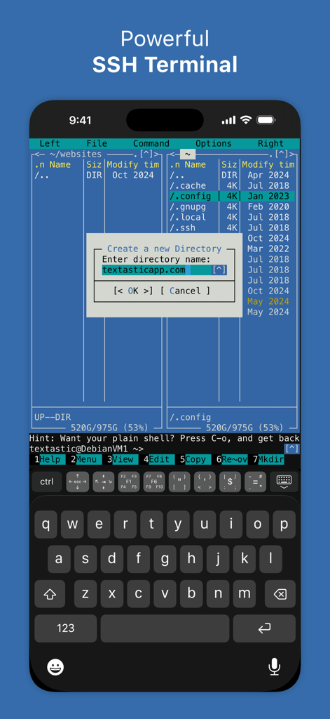 Terminal SSH de Textastic Code Editor en iPhone que muestra una interfaz de línea de comandos con gestión de directorios