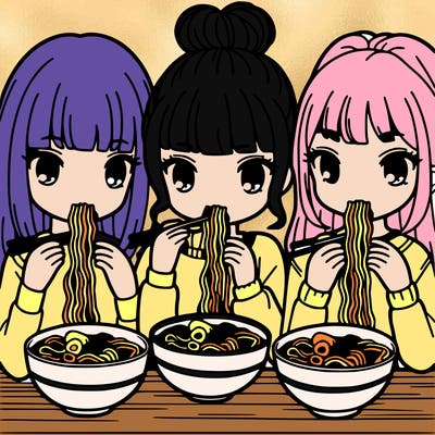 three girls eating ramen noodles