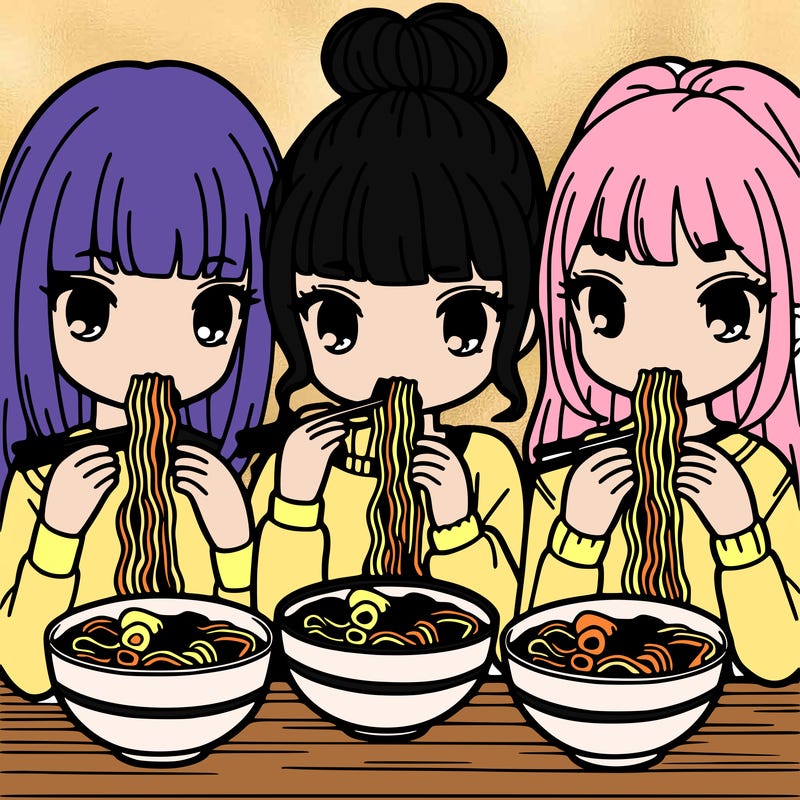 three girls eating ramen noodles