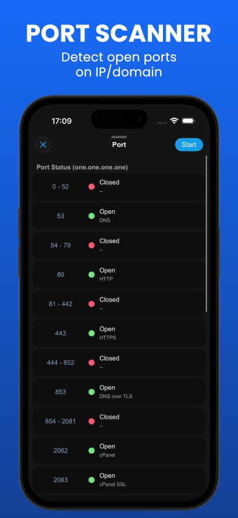 WIFI Analyzer - DNS Speed Test - Interface du scanner de ports WIFI Analyzer montrant les ports ouverts et fermés pour une adresse IP sur un écran d'iPhone