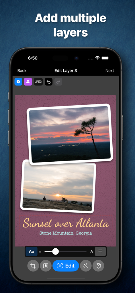 Like A Frame - Interface of Like A Frame app showing multiple photo and text layers being edited on an iPhone.