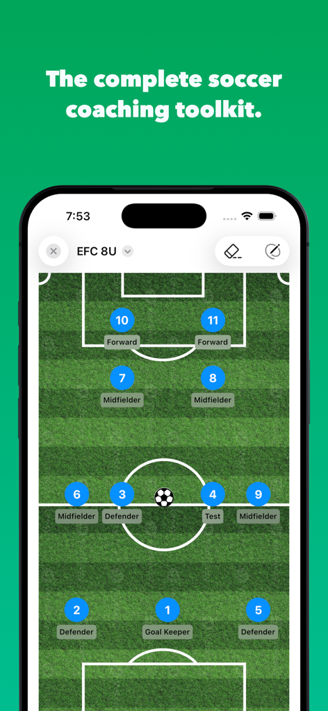 Soccer Lineup Builder Elite - Soccer lineup builder app interface showing a 4-3-3 formation on a tactical pitch